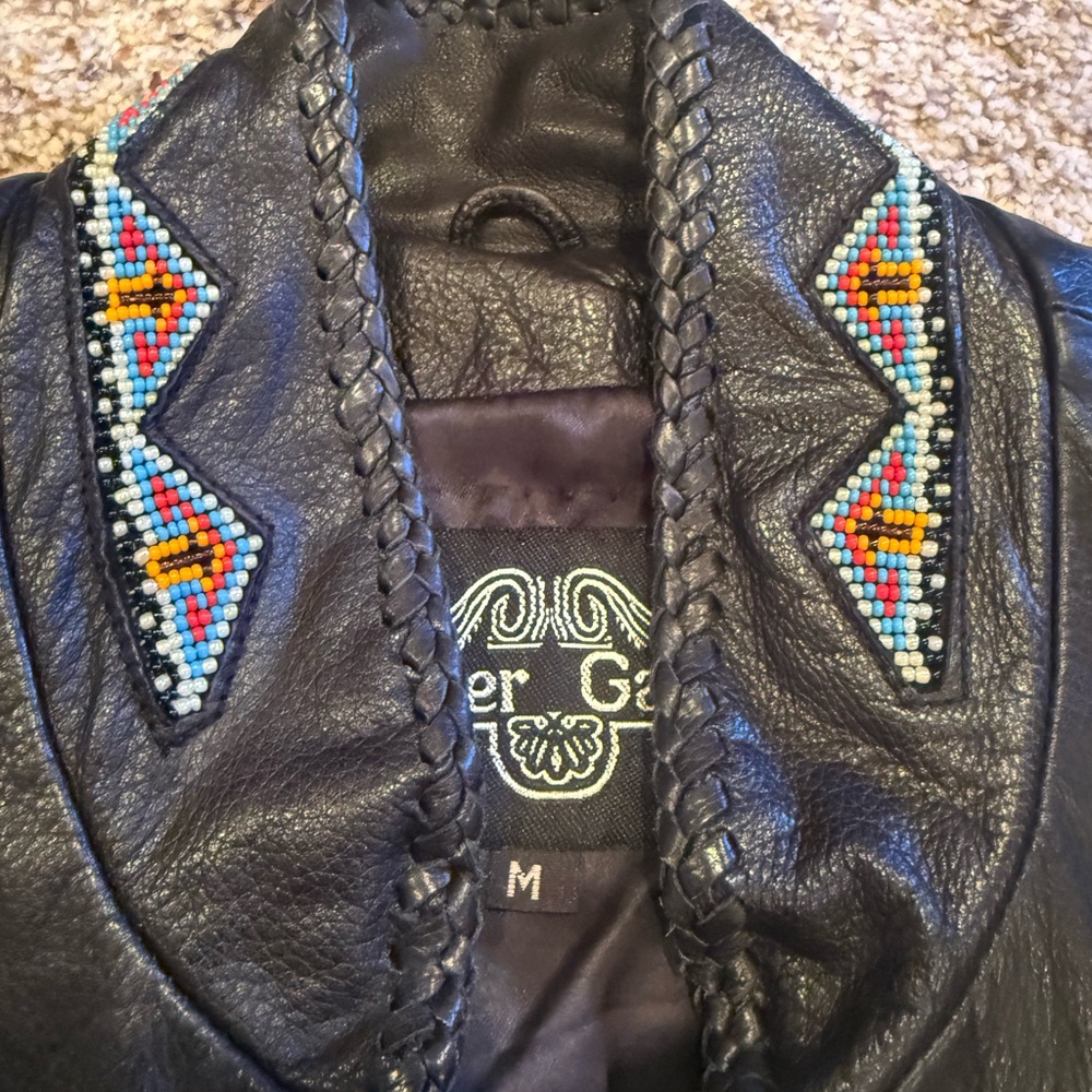 Black Leather Vest with Fringe and Beaded Details - Picture 3 of 6
